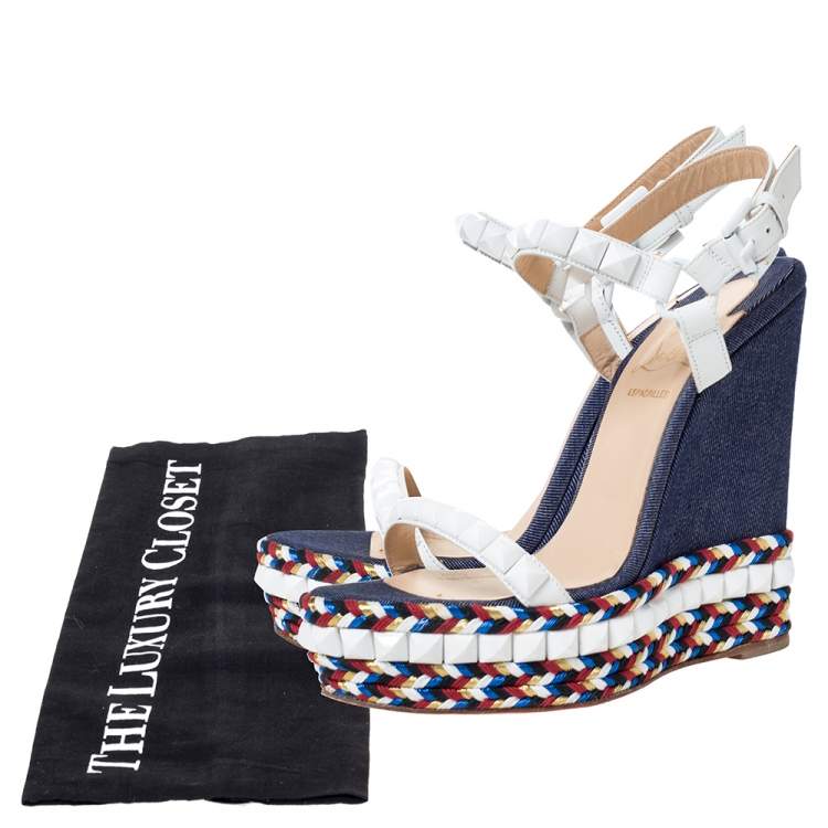 Pre Owned Christian Louboutin White Leather Cataclou Denim Wedge Platform Ankle Strap Sandals Size 37