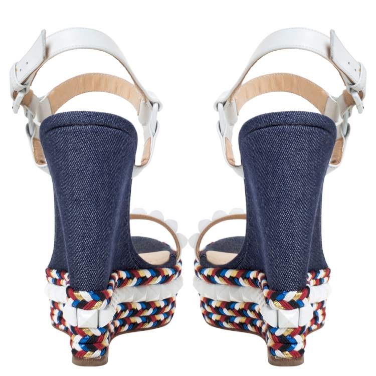 Pre Owned Christian Louboutin White Leather Cataclou Denim Wedge Platform Ankle Strap Sandals Size 37