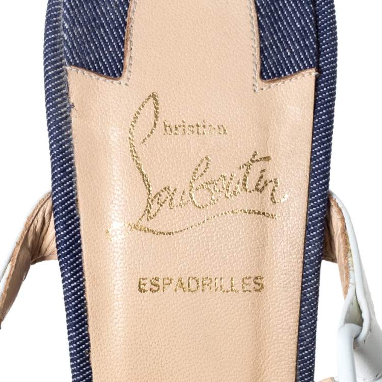 Pre Owned Christian Louboutin White Leather Cataclou Denim Wedge Platform Ankle Strap Sandals Size 37
