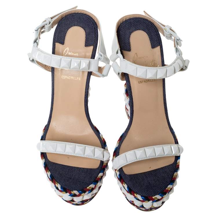 Pre Owned Christian Louboutin White Leather Cataclou Denim Wedge Platform Ankle Strap Sandals Size 37
