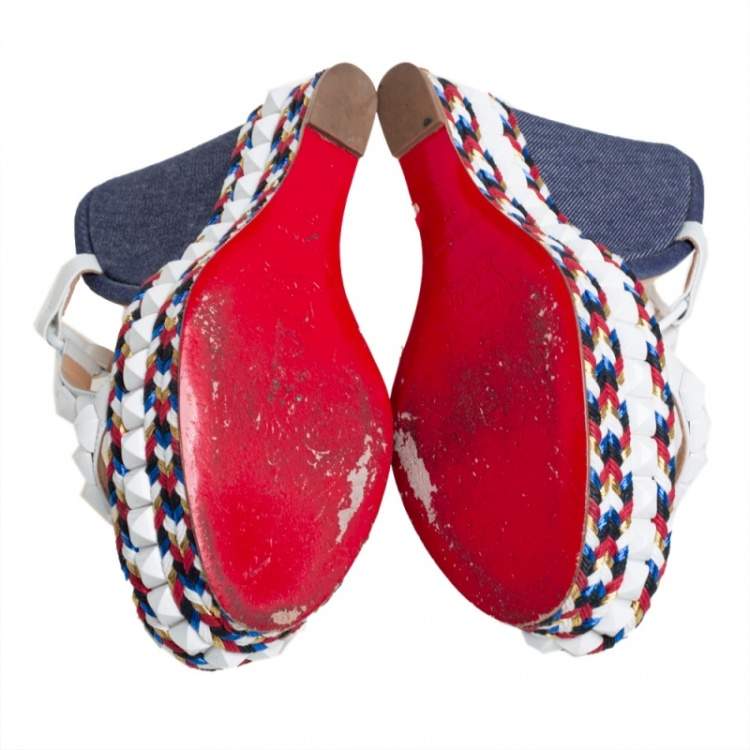 Pre Owned Christian Louboutin White Leather Cataclou Denim Wedge Platform Ankle Strap Sandals Size 37