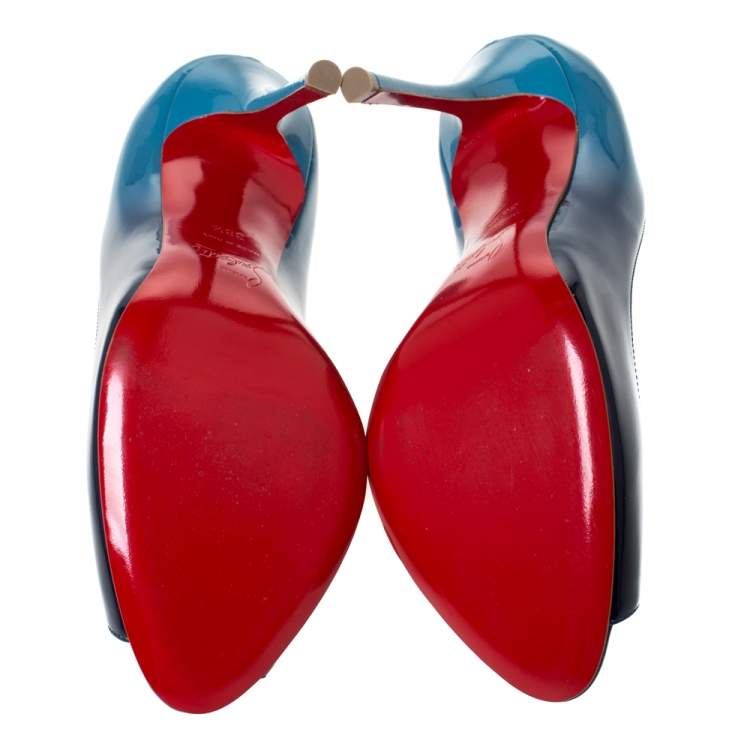 Pre Owned Christian Louboutin Two Tone Patent Leather Yootish Peep Toe Pumps Size 38.5