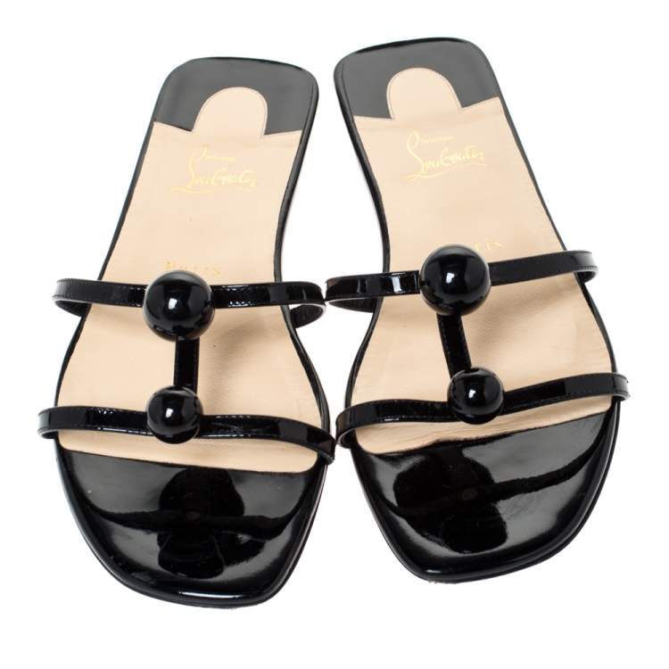 Pre Owned Christian Louboutin Black Patent Leather Atonetta Strappy Flats Size 40