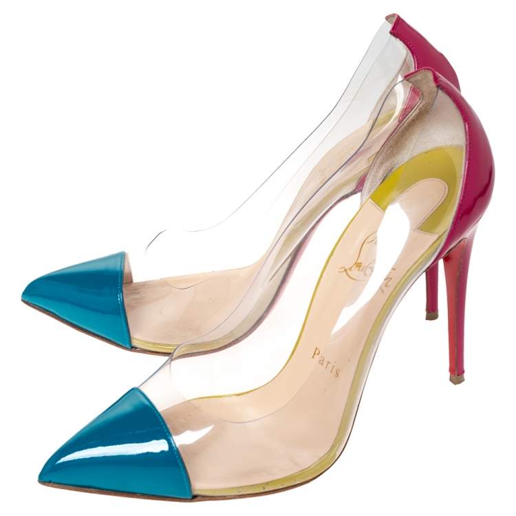 Pre Owned Christian Louboutin Tricolor Patent Leather And PVC Debout Pointed Toe Pumps Size 38