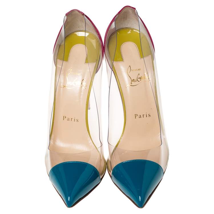 Pre Owned Christian Louboutin Tricolor Patent Leather And PVC Debout Pointed Toe Pumps Size 38