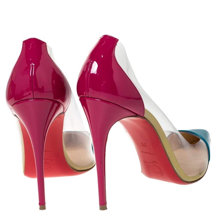 Pre Owned Christian Louboutin Tricolor Patent Leather And PVC Debout Pointed Toe Pumps Size 38
