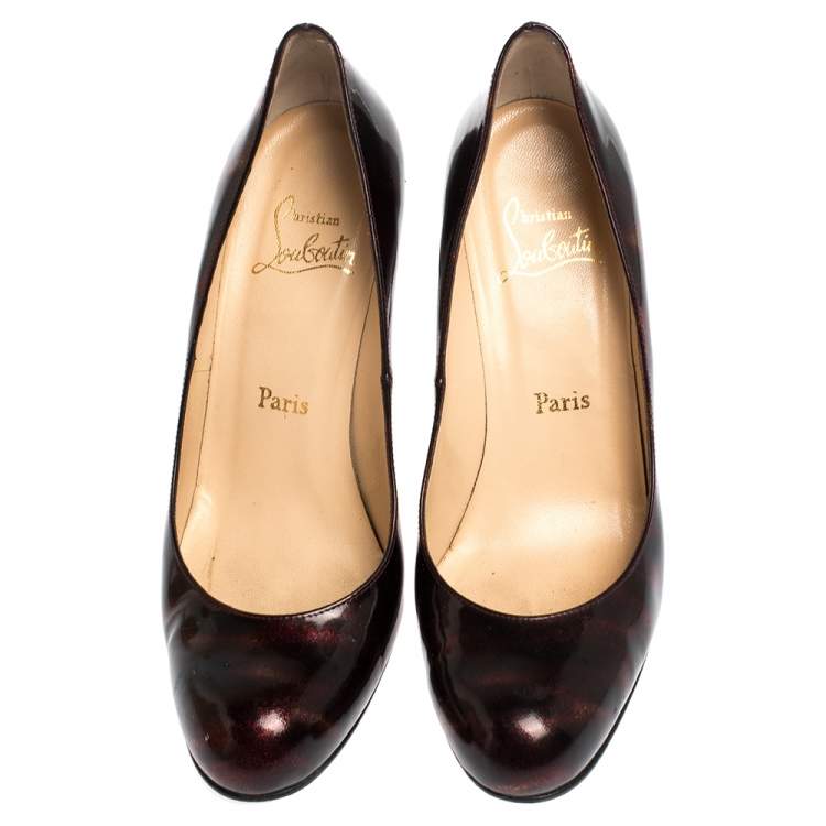 Pre Owned Christian Louboutin Black/Burgundy Glitter Patent Simple Pumps Size 39