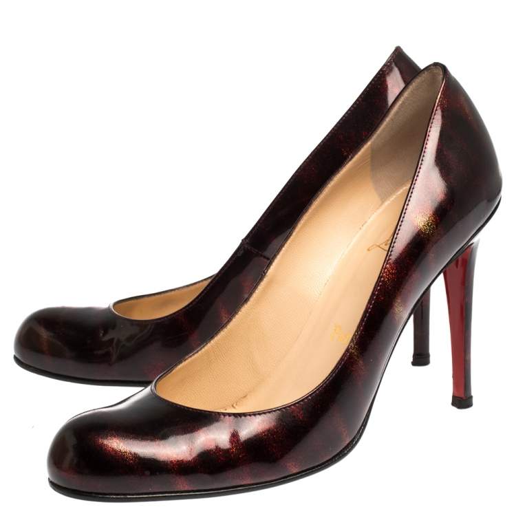 Pre Owned Christian Louboutin Black/Burgundy Glitter Patent Simple Pumps Size 39