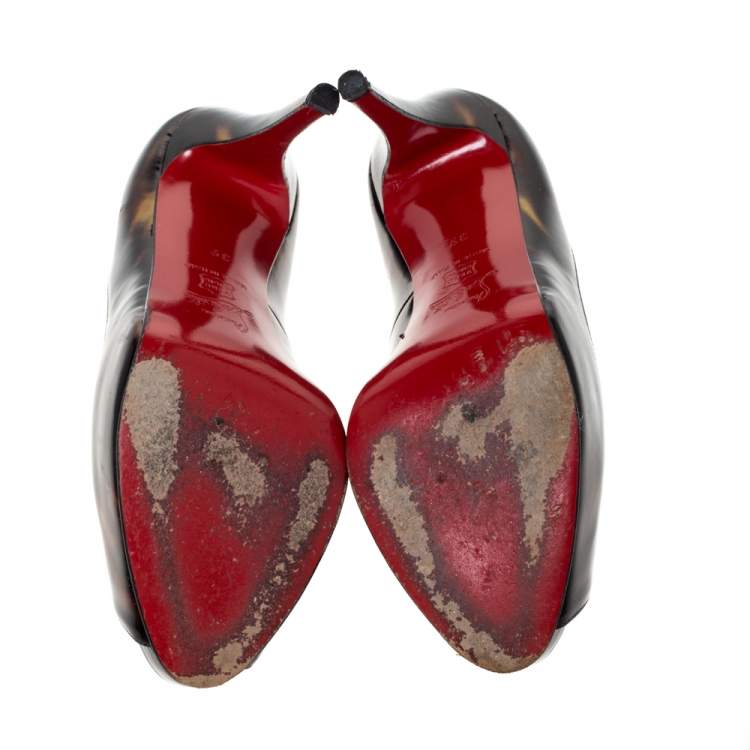 Pre Owned Christian Louboutin Black/Gold Glitter Patent Very Prive Peep Toe Pumps Size 39