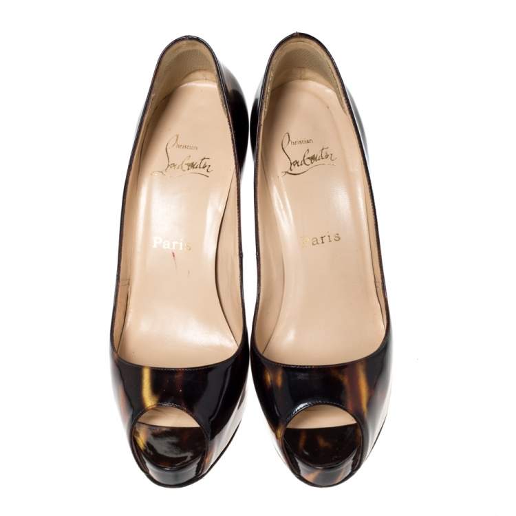 Pre Owned Christian Louboutin Black/Gold Glitter Patent Very Prive Peep Toe Pumps Size 39