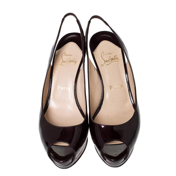 Pre Owned Christian Louboutin Dark Burgundy Patent Leather Lady Peep Platform Slingback Sandals Size 37.5