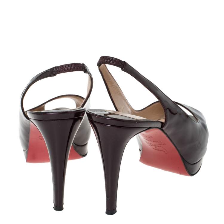 Pre Owned Christian Louboutin Dark Burgundy Patent Leather Lady Peep Platform Slingback Sandals Size 37.5