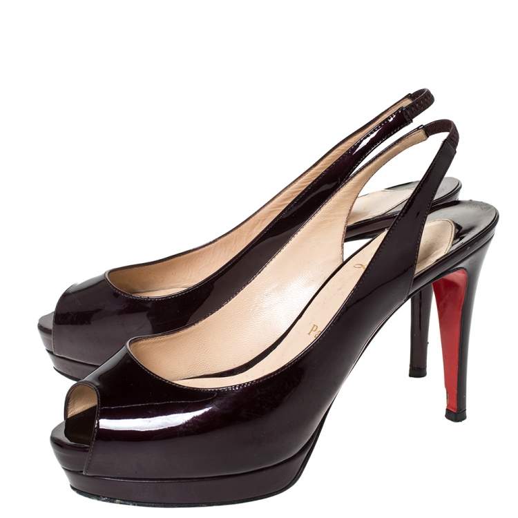 Pre Owned Christian Louboutin Dark Burgundy Patent Leather Lady Peep Platform Slingback Sandals Size 37.5