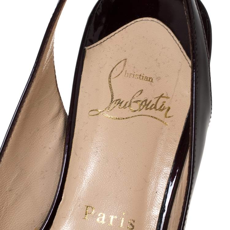 Pre Owned Christian Louboutin Dark Burgundy Patent Leather Lady Peep Platform Slingback Sandals Size 37.5