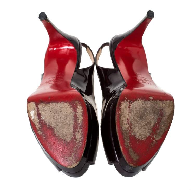 Pre Owned Christian Louboutin Dark Burgundy Patent Leather Lady Peep Platform Slingback Sandals Size 37.5