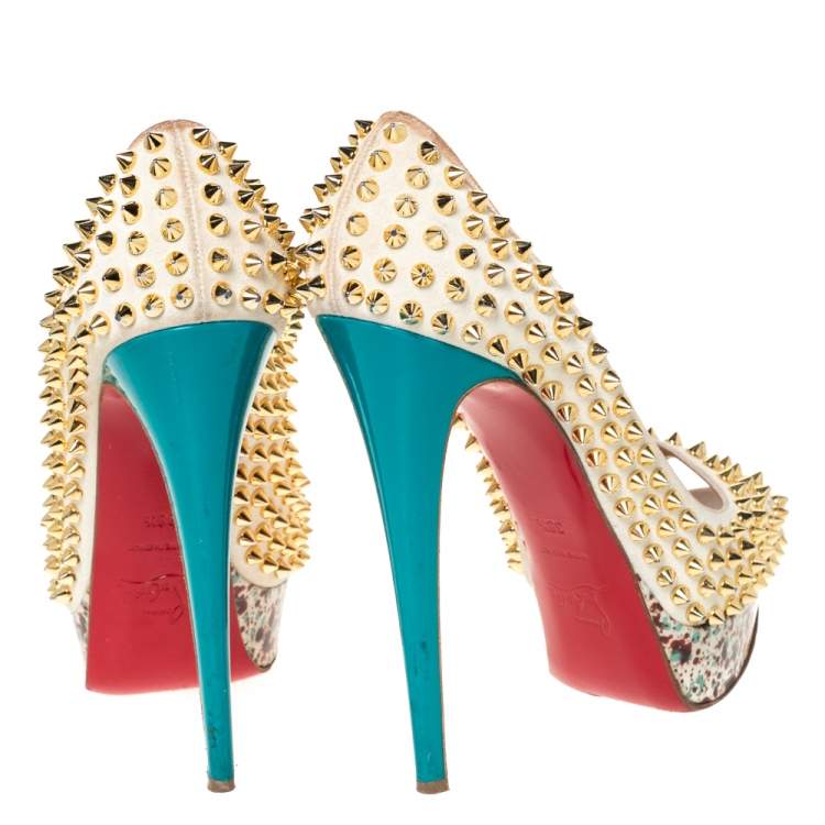 Pre Owned Christian Louboutin Multicolor Lady Peep Toe Spikes Platform Pumps Size 38.5