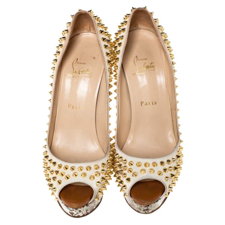 Pre Owned Christian Louboutin Multicolor Lady Peep Toe Spikes Platform Pumps Size 38.5