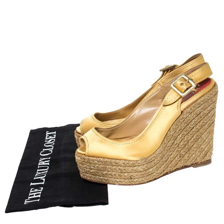 Pre Owned Christian Louboutin Gold Satin Menorca Espadrille Wedge Sandals Size 36