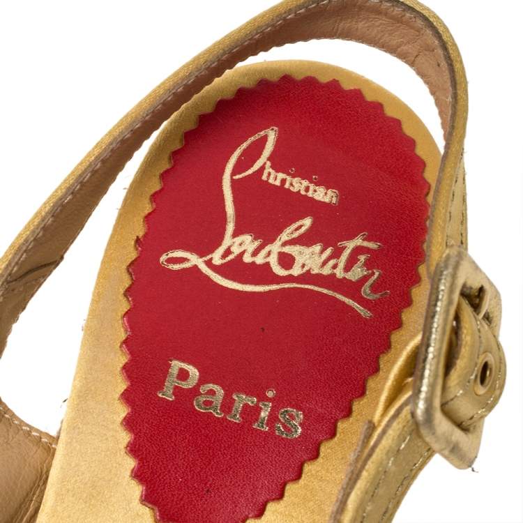 Pre Owned Christian Louboutin Gold Satin Menorca Espadrille Wedge Sandals Size 36