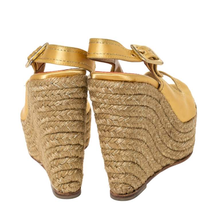Pre Owned Christian Louboutin Gold Satin Menorca Espadrille Wedge Sandals Size 36