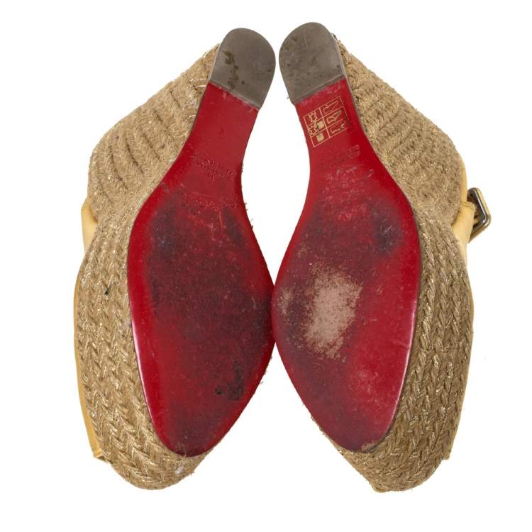 Pre Owned Christian Louboutin Gold Satin Menorca Espadrille Wedge Sandals Size 36