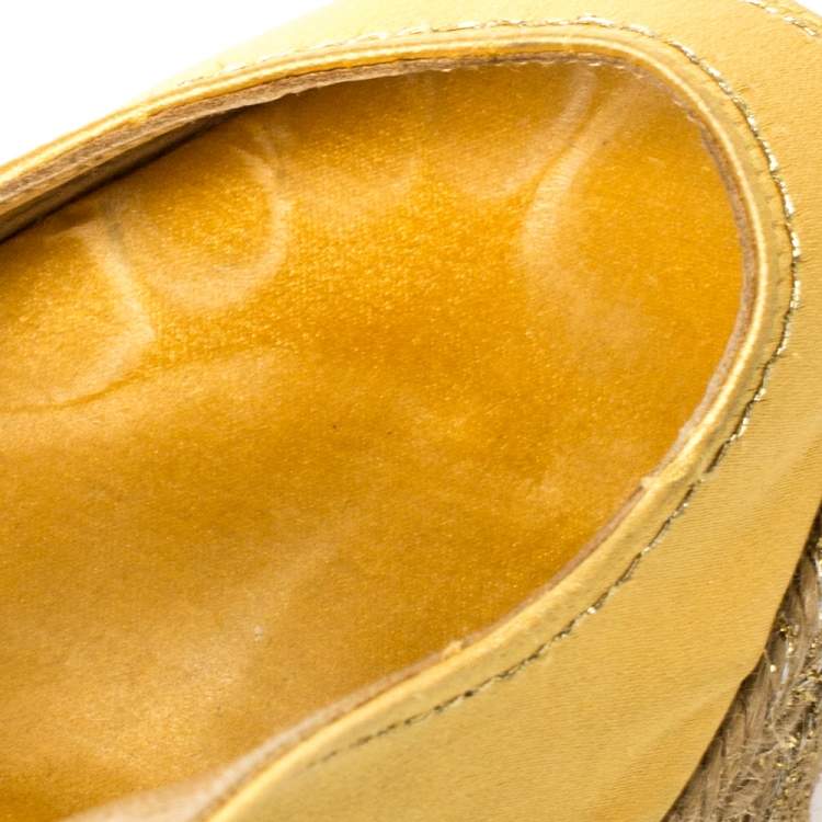 Pre Owned Christian Louboutin Gold Satin Menorca Espadrille Wedge Sandals Size 36