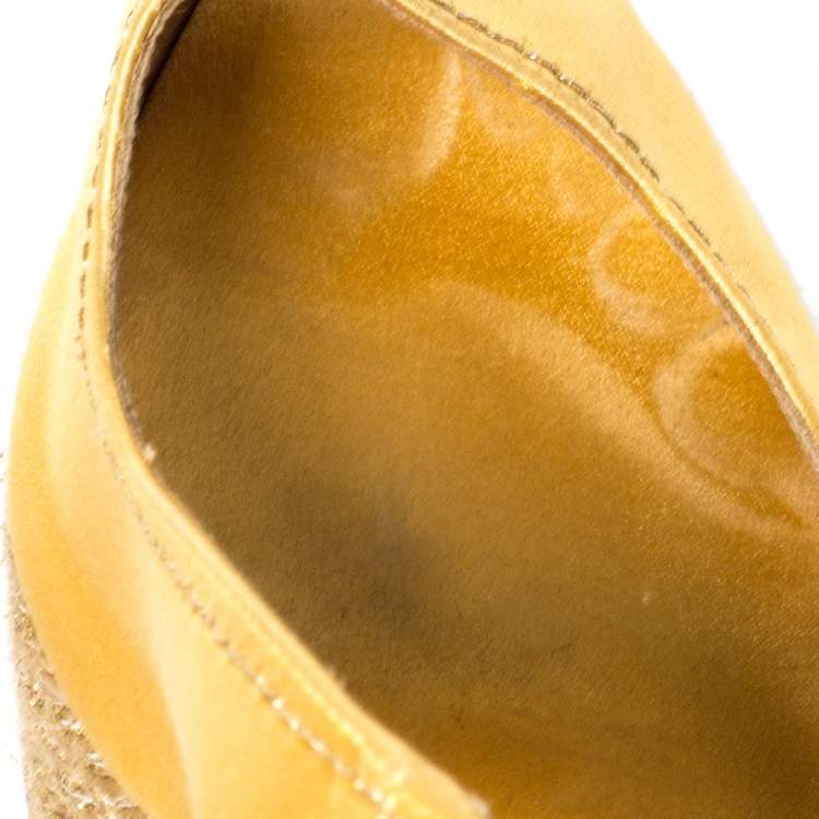 Pre Owned Christian Louboutin Gold Satin Menorca Espadrille Wedge Sandals Size 36