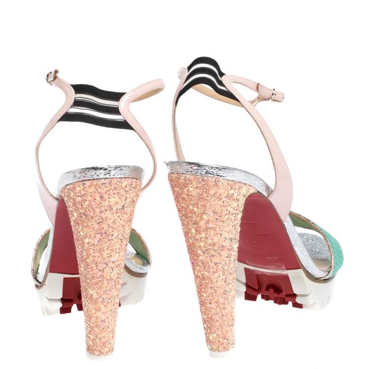 Pre Owned Christian Louboutin Multicolor Mesh And Patent Discoport Ankle Strap Sandals Size 41