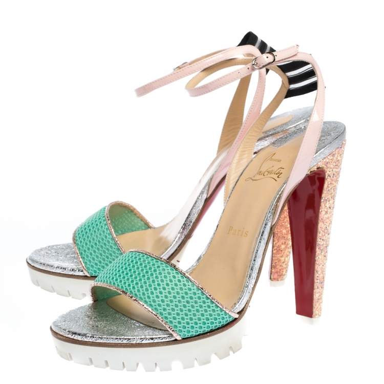 Pre Owned Christian Louboutin Multicolor Mesh And Patent Discoport Ankle Strap Sandals Size 41