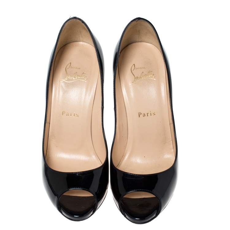 Pre Owned Christian Louboutin Black Patent Leather New Very Prive Peep Toe Pumps Size 37.5