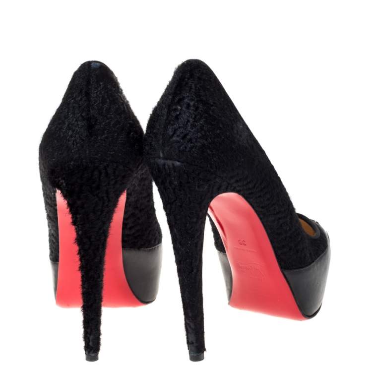 Pre Owned Christian Louboutin Black Calf Hair and Leather Maggie Embellished Cap Toe Platform Pumps Size 38