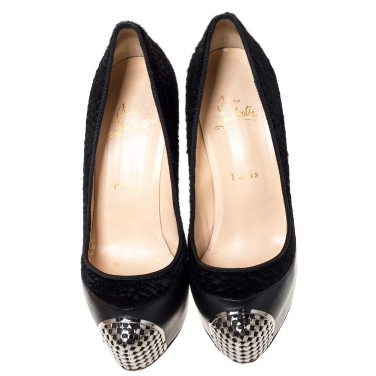 Pre Owned Christian Louboutin Black Calf Hair and Leather Maggie Embellished Cap Toe Platform Pumps Size 38