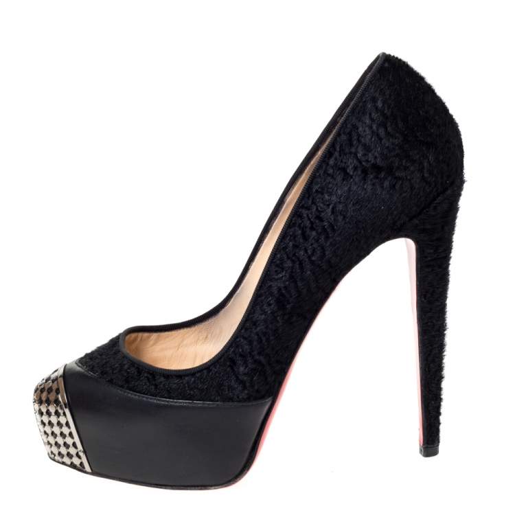 Pre Owned Christian Louboutin Black Calf Hair and Leather Maggie Embellished Cap Toe Platform Pumps Size 38