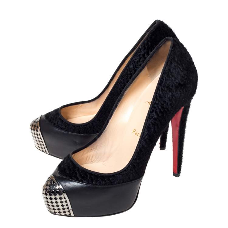 Pre Owned Christian Louboutin Black Calf Hair and Leather Maggie Embellished Cap Toe Platform Pumps Size 38