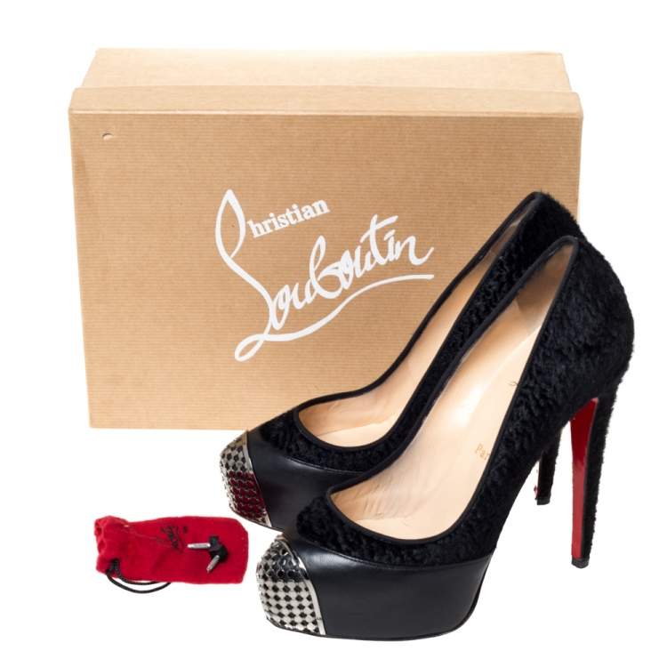 Pre Owned Christian Louboutin Black Calf Hair and Leather Maggie Embellished Cap Toe Platform Pumps Size 38