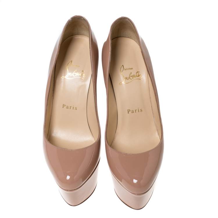 Pre Owned Christian Louboutin Beige Patent Leather Victoria Platform Pumps Size 36.5