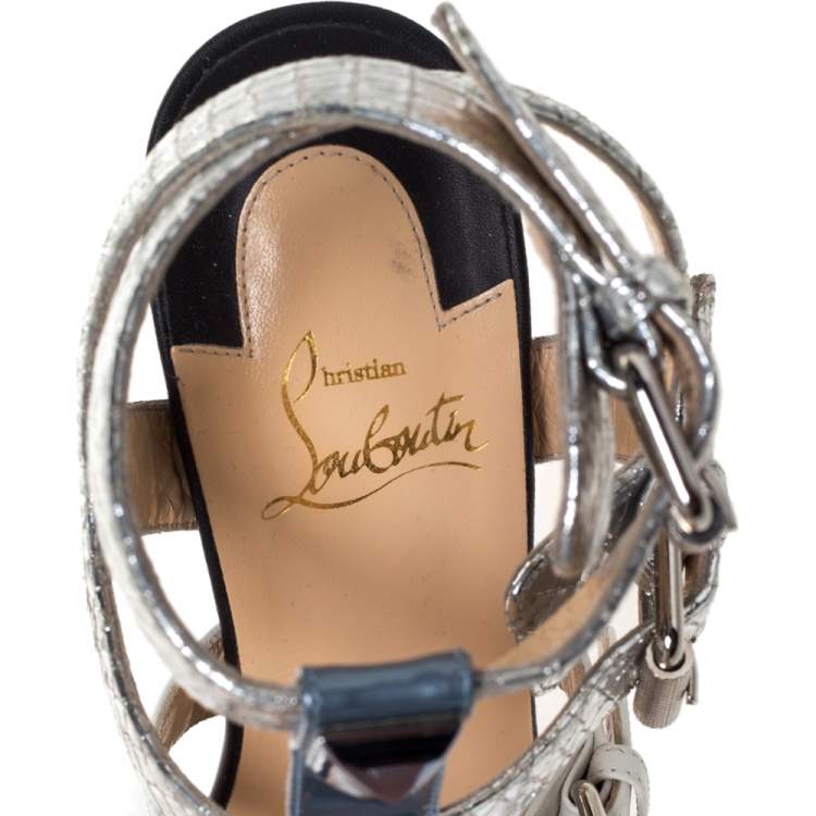 Pre Owned Christian Louboutin Multicolor Leather And Patent Rocknbuckle Block Heel Sandals Size 37.5