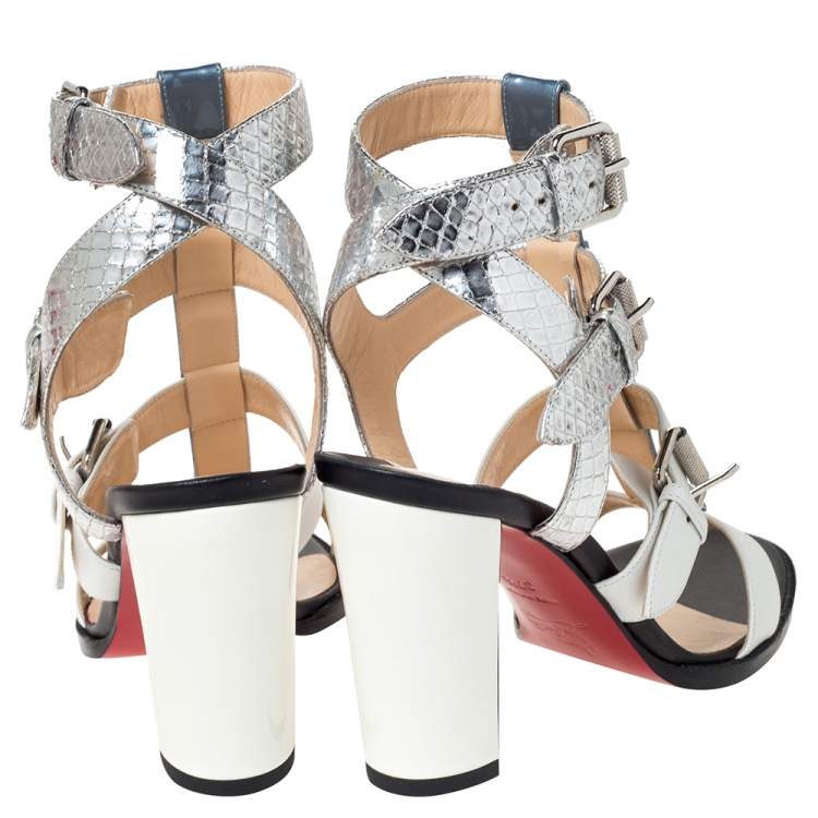 Pre Owned Christian Louboutin Multicolor Leather And Patent Rocknbuckle Block Heel Sandals Size 37.5