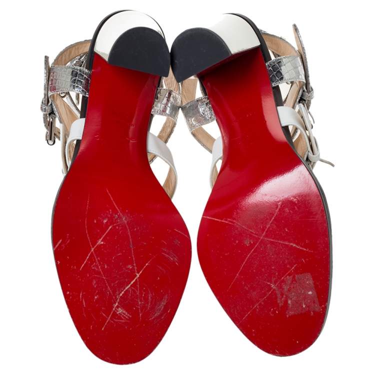 Pre Owned Christian Louboutin Multicolor Leather And Patent Rocknbuckle Block Heel Sandals Size 37.5