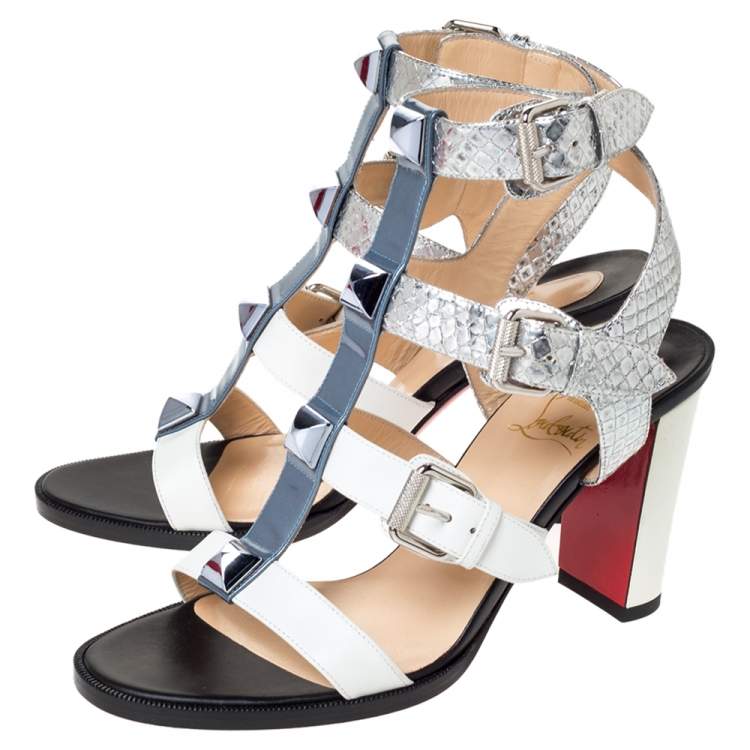 Pre Owned Christian Louboutin Multicolor Leather And Patent Rocknbuckle Block Heel Sandals Size 37.5