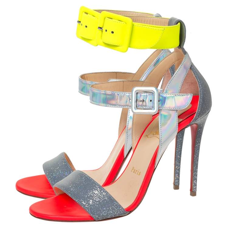 Pre Owned Christian Louboutin Multicolor Leather With Glitter And Holographic Effect Multipot Sandals Size 37