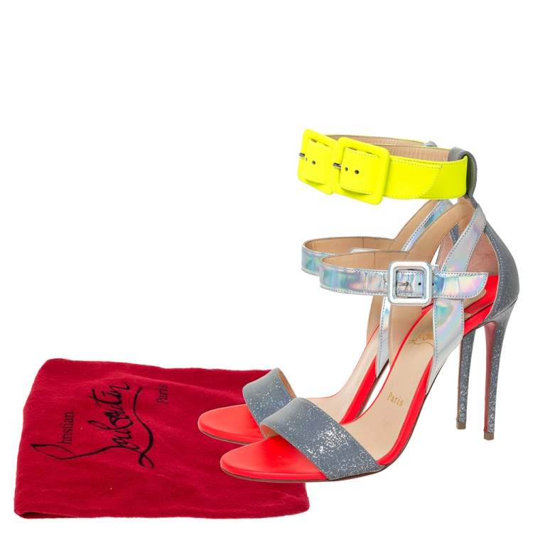 Pre Owned Christian Louboutin Multicolor Leather With Glitter And Holographic Effect Multipot Sandals Size 37