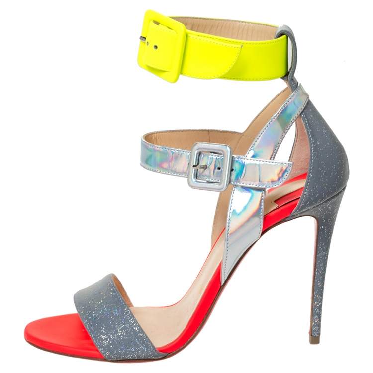 Pre Owned Christian Louboutin Multicolor Leather With Glitter And Holographic Effect Multipot Sandals Size 37