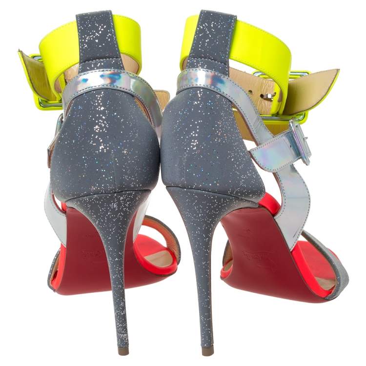 Pre Owned Christian Louboutin Multicolor Leather With Glitter And Holographic Effect Multipot Sandals Size 37