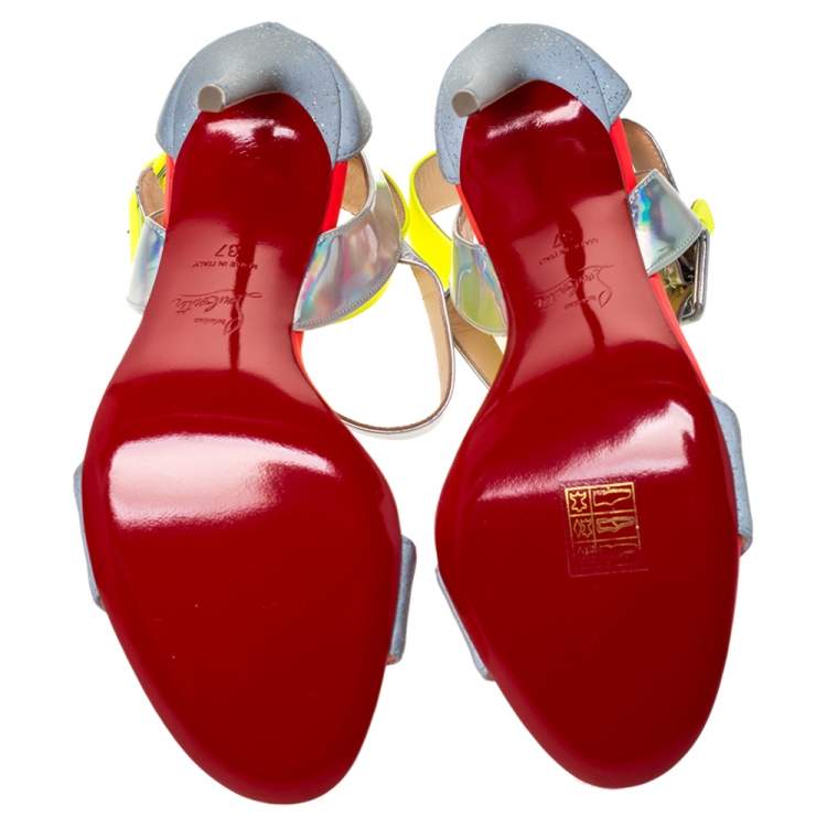 Pre Owned Christian Louboutin Multicolor Leather With Glitter And Holographic Effect Multipot Sandals Size 37