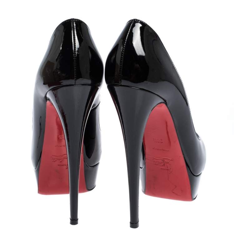 Pre Owned Christian Louboutin Black Patent Leather Lady Peep Toe Platform Pumps Size 38.5