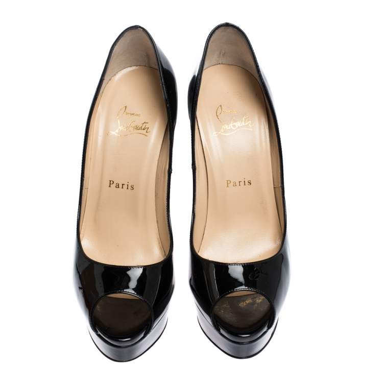 Pre Owned Christian Louboutin Black Patent Leather Lady Peep Toe Platform Pumps Size 38.5