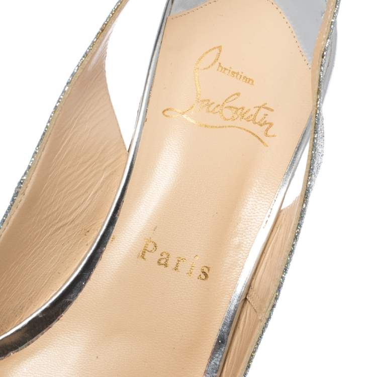Pre Owned Christian Louboutin Silver Glittered Peep Toe Platform Sandals Size 39