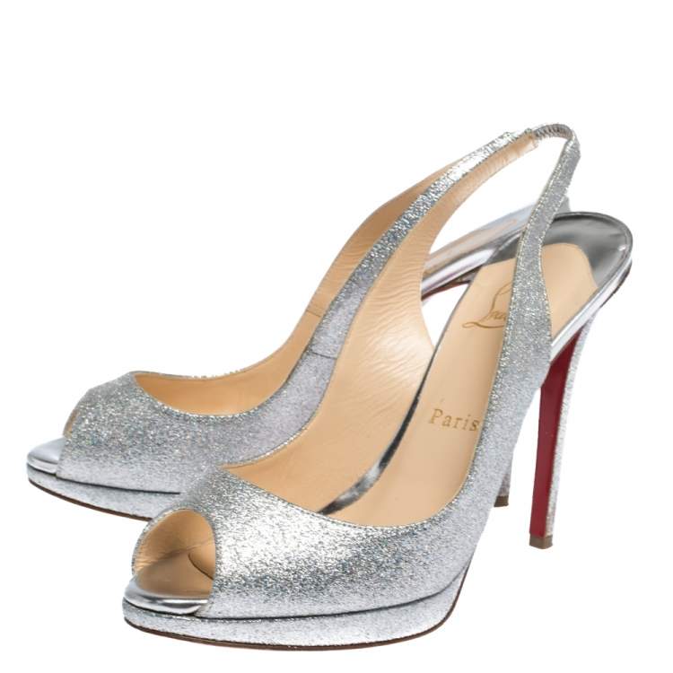 Pre Owned Christian Louboutin Silver Glittered Peep Toe Platform Sandals Size 39