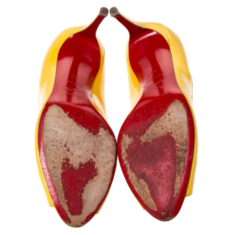 Pre Owned Christian Louboutin Yellow Patent Flo Peep Toe Pumps Size 39